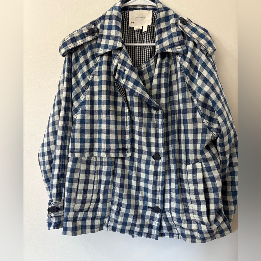 Anthropologie women’s small Blue and White Checkered  Coat- 100% cotton